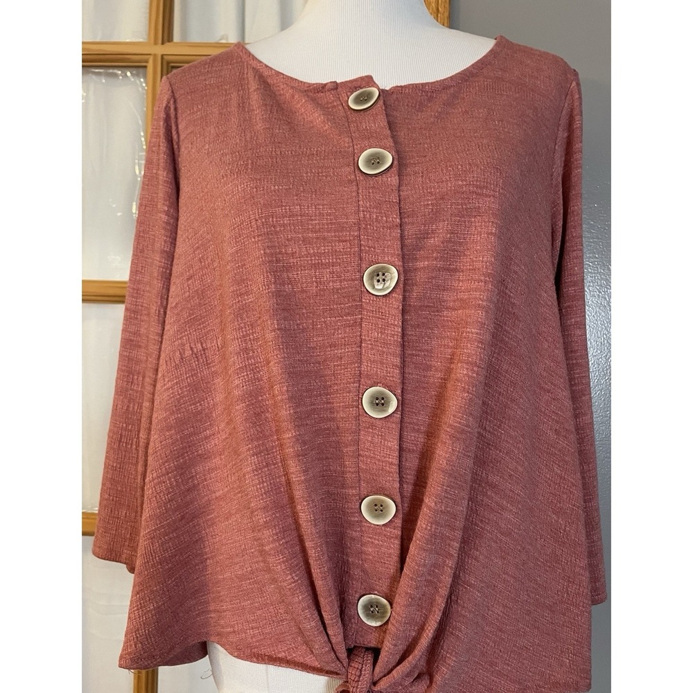 Cable & Gauze Textured Button Top Sz L Mauve Pullover 3/4 Sleeve Waist Tie